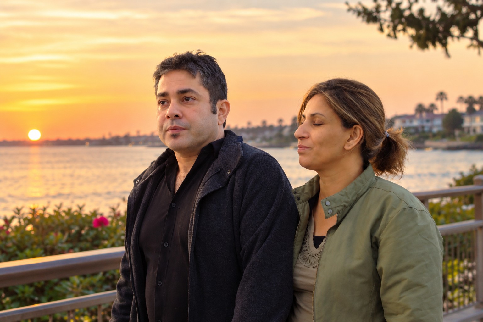 Couple by the waterfront at sunset